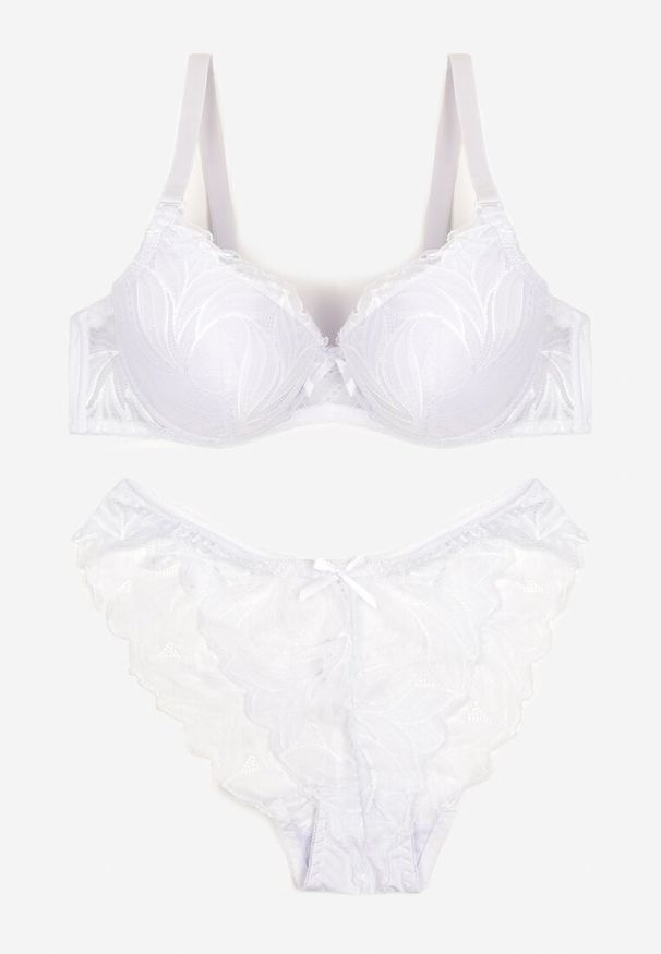 Born2be - Biały Koronkowy Komplet Biustonosz na Ramiączkach z Regulacją Majtki z Kokardą Arfeca. Kolor: biały. Materiał: koronka. Wzór: aplikacja