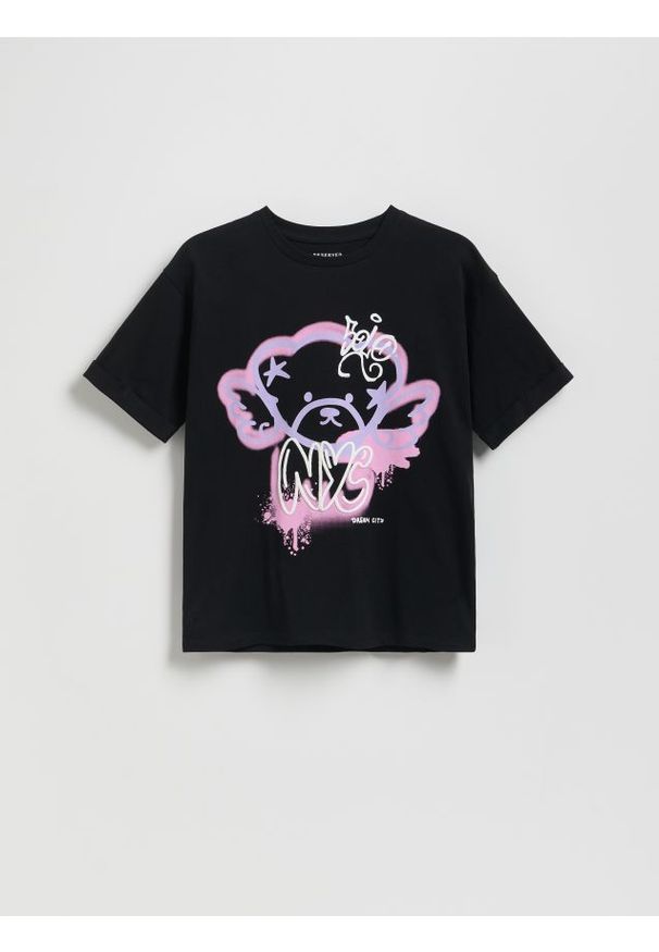 Reserved - T-shirt z nadrukiem - czarny. Kolor: czarny. Materiał: bawełna. Wzór: nadruk