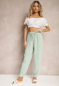 Renee - Miętowe Casualowe Spodnie High Waist Wykończone Gumką w Pasie Dimrue. Okazja: na co dzień. Stan: podwyższony. Kolor: miętowy. Styl: casual