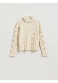 Reserved - Sweter z warkoczowym splotem - kremowy. Kolor: kremowy. Materiał: dzianina, wełna. Wzór: ze splotem