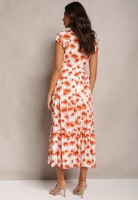 Renee - Pomarańczowa Rozkloszowana Sukienka Maxi w Kwiatowy Print z Gumką w Pasie Javiky. Typ kołnierza: kołnierz z falbankami. Kolor: pomarańczowy. Materiał: materiał. Wzór: kwiaty, nadruk. Typ sukienki: kopertowe. Długość: maxi #4