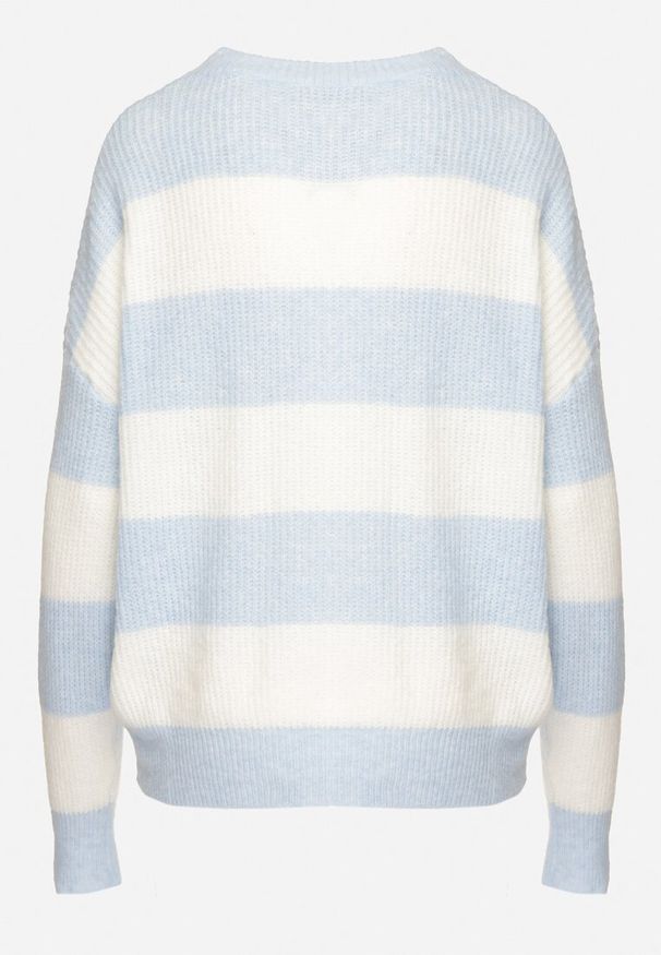 Born2be - Jasnoniebieski Sweter w Pasy z Wełną Zakończony Ściągaczem Tiaelle. Okazja: na spotkanie biznesowe, na co dzień. Kolor: niebieski. Materiał: wełna. Styl: biznesowy, klasyczny, casual