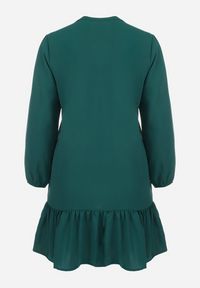 Born2be - Ciemnozielona Koszulowa Sukienka Mini z Falbanką Brindel. Kolor: zielony. Typ sukienki: koszulowe. Długość: mini #2