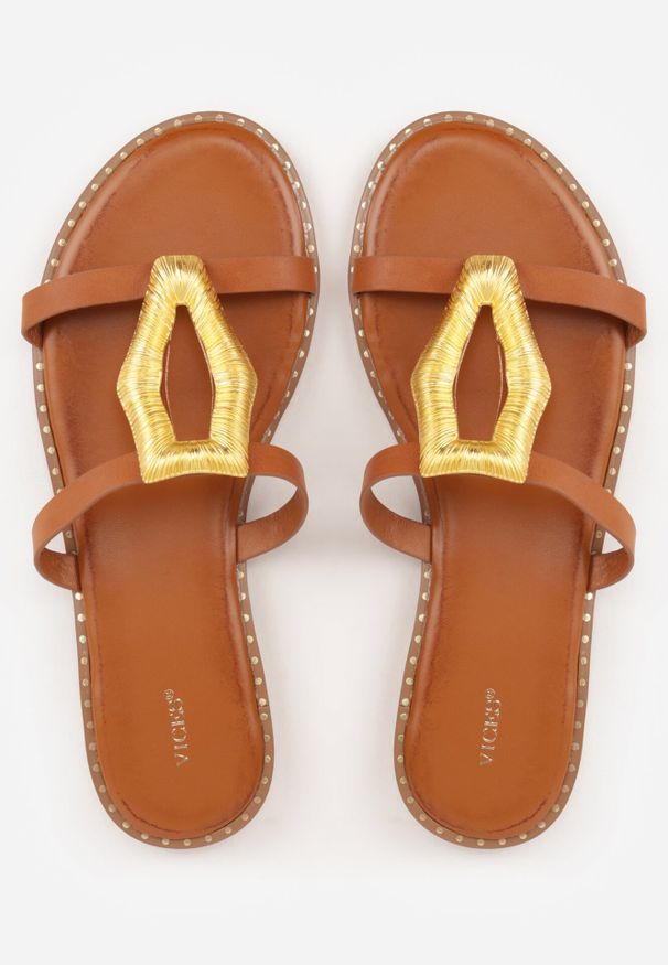 Born2be - Jasonobrązowe Klapki VICES z Dwoma Paskami i Aplikacją o Nieregularnym Kształcie Taliria. Okazja: na co dzień, na spacer. Kolor: brązowy. Materiał: prążkowany. Wzór: aplikacja. Sezon: lato. Styl: klasyczny, casual