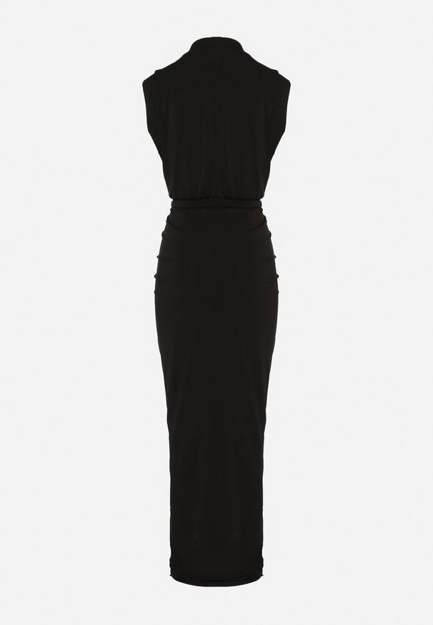 Born2be - Czarna Sukienka Maxi Dopasowana z Poduszkami w Ramionach i Rozcięciem na Boku Ocrana. Okazja: na wesele, na imprezę, na ślub cywilny. Kolor: czarny. Typ sukienki: dopasowane. Styl: elegancki, klasyczny. Długość: maxi
