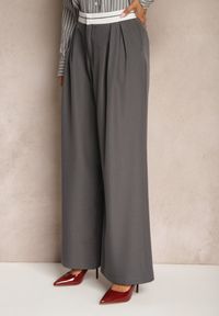 Renee - Szare Spodnie z Wiskozy Palazzo High Waist Zapinane na Suwak Nellieva. Okazja: na co dzień. Stan: podwyższony. Kolor: szary. Materiał: wiskoza. Styl: casual