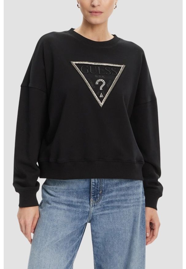 Guess - GUESS Czarna damska bluza z cyrkoniami Rachele, Rozmiar M. Kolor: czarny