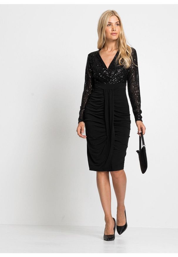 bonprix - Sukienka z dżerseju z cekinami i marszczeniem. Kolor: czarny. Materiał: jersey