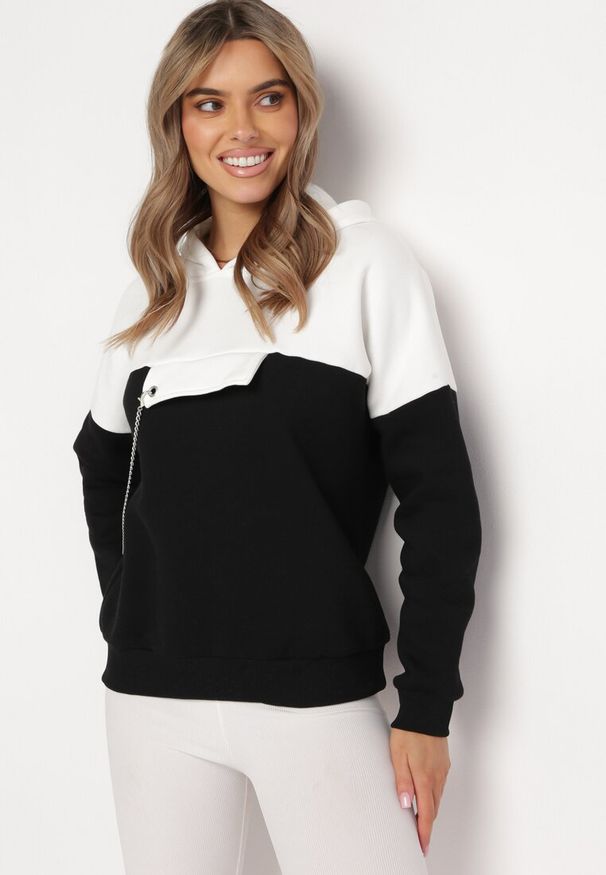 Born2be - Czarna Bluza z Kapturem i Ozdobnym Łańcuszkiem Umabelle. Typ kołnierza: kaptur. Kolor: czarny. Materiał: bawełna, polar, tkanina