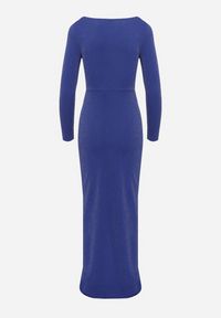 Born2be - Granatowa Koktajlowa Sukienka z Kopertowym Dekoltem Metaliczną Nitką i Rozcięciem Emirielle. Okazja: na imprezę. Kolor: niebieski. Długość rękawa: długi rękaw. Typ sukienki: kopertowe. Styl: wizytowy #6