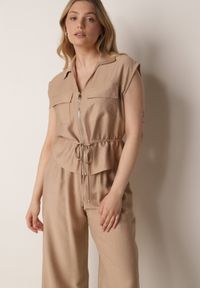 Born2be - Beżowy Wiskozowy Komplet w Stylu Safari Spodnie i Bluzka na Suwak z Wiązaniem Iphisei. Kolor: beżowy. Materiał: wiskoza #2