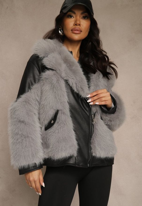 Renee - Szara Kurtka o Kroju Ramoneski z Futrem Sevre. Kolor: szary. Materiał: futro. Styl: rockowy