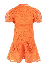 Born2be - Pomarańczowa Sukienka Cilleis. Typ kołnierza: kołnierzyk stójkowy. Kolor: pomarańczowy. Materiał: koronka. Wzór: koronka, aplikacja, ażurowy. Styl: elegancki. Długość: mini #4