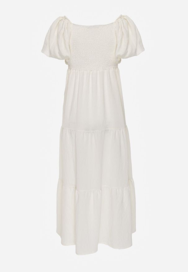 Born2be - Jasnobeżowa Wiskozowa Sukienka z Bufiastymi Rękawami i Marszczoną Górą Liones. Okazja: na co dzień. Kolor: beżowy. Materiał: wiskoza. Długość rękawa: krótki rękaw. Sezon: lato. Typ sukienki: proste. Styl: wakacyjny, casual