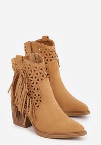 Renee - Brązowe Ażurowe Botki Typu Kowbojki na Stożku Ozdobione Frędzlami Pentora. Kolor: brązowy. Materiał: jeans. Wzór: aplikacja, ażurowy. Obcas: na stożku #5