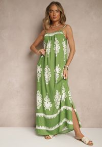 Renee - Zielona Rozkloszowana Sukienka na Ramiączkach w Ornamentalny Print Reveleine. Okazja: na co dzień. Typ kołnierza: dekolt w serek. Kolor: zielony. Długość rękawa: na ramiączkach. Wzór: nadruk. Styl: casual