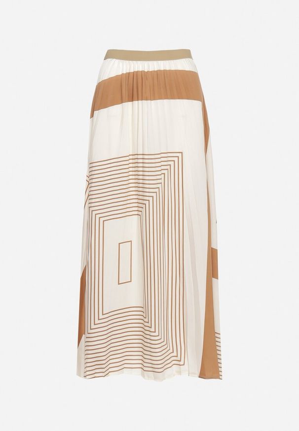 Born2be - Beżowa Spódnica z Delikatnymi Plisami Gumką w Talii i Geometrycznym Wzorem Iolantha. Kolor: beżowy. Wzór: geometria