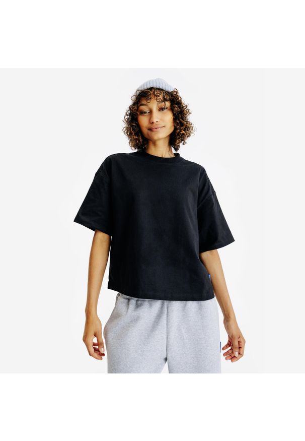 Decathlon - Koszulka Crop damska. Kolor: czarny. Materiał: materiał, elastan, bawełna. Długość: krótkie