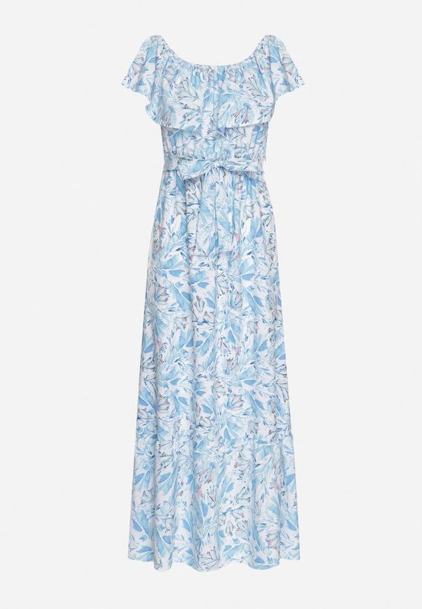 Born2be - Niebieska Sukienka Hiszpanka z Bawełną w Kwiaty Mreova. Okazja: na co dzień. Typ kołnierza: dekolt hiszpanka. Kolor: niebieski. Materiał: bawełna. Wzór: kwiaty. Styl: casual, elegancki, klasyczny