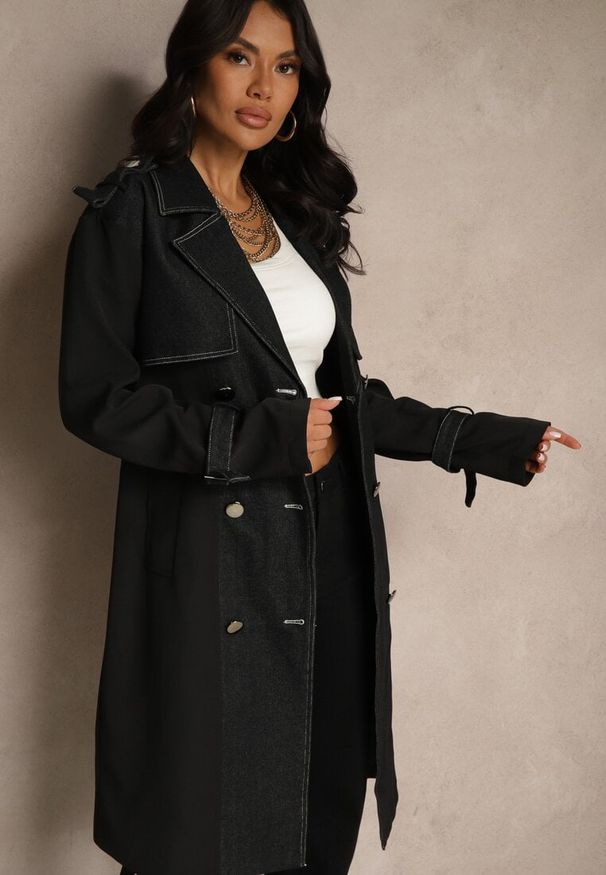 Renee - Czarny Płaszcz z Bawełną Typu Trencz z Jeansowymi Wstawkami Felsedi. Okazja: na co dzień. Kolor: czarny. Materiał: bawełna, jeans. Styl: klasyczny, casual, elegancki