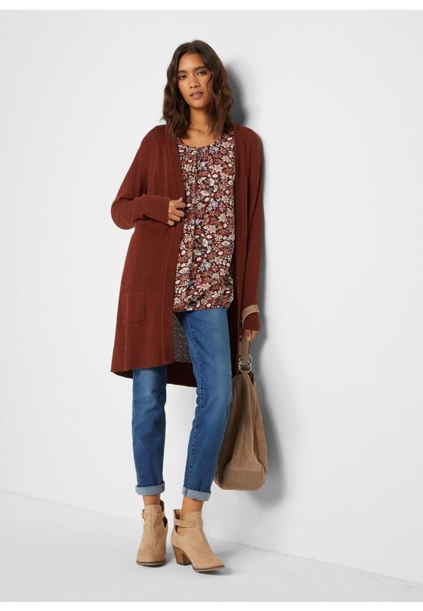 bonprix - Długi sweter dzianinowy bez zapięcia, długi rękaw. Kolor: brązowy. Materiał: dzianina. Długość rękawa: długi rękaw. Długość: długie