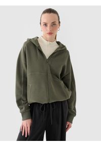4f - 4F Bluza dresowa rozpinana z kapturem damska - oliwkowa/khaki S. Okazja: na co dzień. Typ kołnierza: kaptur. Kolor: oliwkowy, wielokolorowy, brązowy. Materiał: dresówka. Wzór: gładki, ze splotem. Styl: sportowy, casual