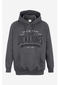 JACK & JONES PLUS - Bluza Plus Size Logo. Typ kołnierza: kaptur. Kolekcja: plus size. Kolor: szary. Materiał: dresówka, dzianina. Wzór: nadruk