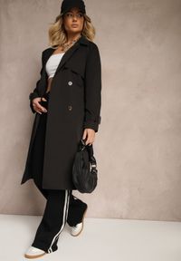 Renee - Czarny Dwurzędowy Płaszcz Trencz z Paskiem Ninnolia. Okazja: do pracy, na spacer. Kolor: czarny. Materiał: jeans. Wzór: aplikacja. Styl: klasyczny, elegancki #5