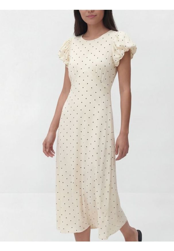 Reserved - Sukienka w groszki - złamana biel. Materiał: wiskoza, tkanina, len. Wzór: grochy. Typ sukienki: proste