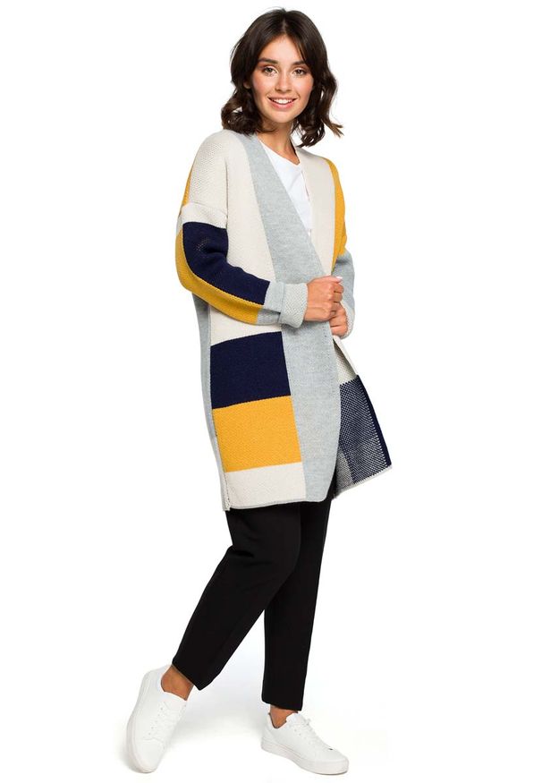 MOE - Granatowy Dłuższy Sweter Kardigan w Kolorowe Prostokąty. Kolor: niebieski. Materiał: akryl. Długość: długie. Wzór: kolorowy