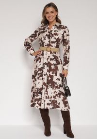 Born2be - Brązowa Koszulowa Sukienka z Wiskozą w Krowie Łaty z Paskiem Domumbria. Kolor: brązowy. Materiał: wiskoza. Typ sukienki: koszulowe #2