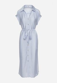 Born2be - Niebieska Koszulowa Sukienka na Guziki z Materiałowym Paskiem w Talii Qisofia. Okazja: na co dzień, na imprezę. Typ kołnierza: dekolt w kształcie V. Kolor: niebieski. Materiał: materiał. Typ sukienki: koszulowe. Styl: casual, elegancki, klasyczny #5