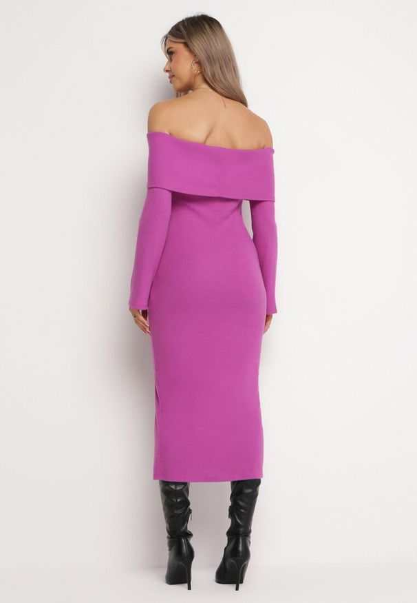 Born2be - Fioletowa Dopasowana Sukienka Hiszpanka Samphy. Typ kołnierza: dekolt hiszpanka. Kolor: fioletowy
