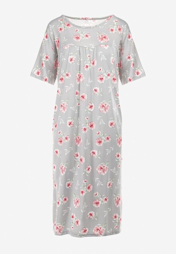 Born2be - Szara Koszula Nocna Dookey. Kolekcja: plus size. Kolor: szary. Materiał: bawełna, tkanina. Długość: krótkie. Wzór: nadruk, kwiaty