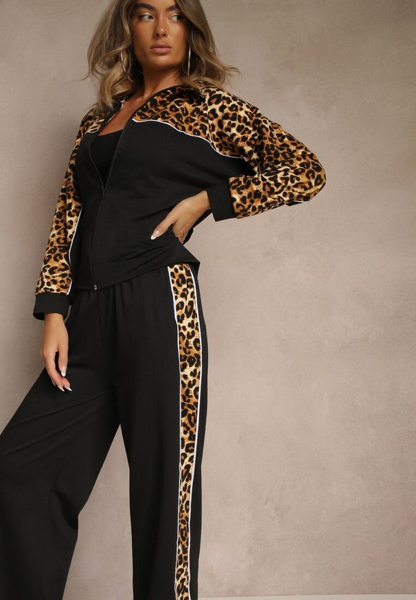 Renee - Czarny Komplet Dresowy z Panterkowymi Wstawkami Bluza i Spodnie Wide Leg Redrie. Kolor: czarny. Materiał: dresówka. Wzór: aplikacja, motyw zwierzęcy