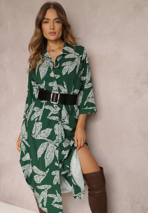 Renee - Zielona Sukienka Koszulowa w Kwiaty Siois. Kolor: zielony. Wzór: kwiaty. Sezon: wiosna, jesień. Typ sukienki: koszulowe. Długość: midi