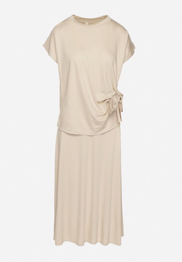 Born2be - Beżowy Komplet z Wiskozą Spódnica i Bluzka z Wiązaniem Davissael. Kolor: beżowy. Materiał: wiskoza