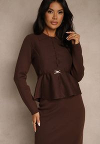 Renee - Brązowy Elegancki Komplet Garniturowy z Wiskozą Taliowana Marynarka i Spódnica Zaite. Kolor: brązowy. Materiał: wiskoza. Wzór: aplikacja #4