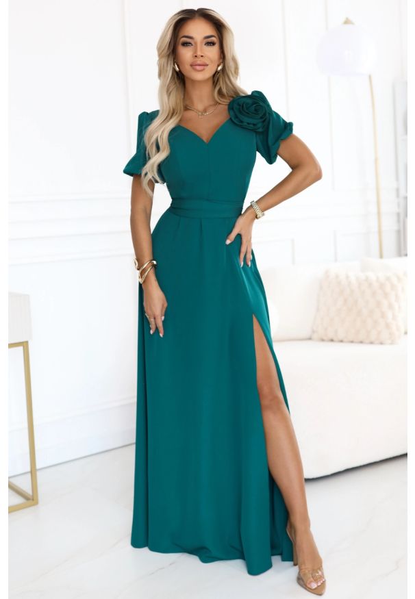 Numoco - Długa suknia wieczorowa rozkloszowana butelkowa zieleń. Okazja: na studniówkę, na ślub cywilny, na wesele, na imprezę. Styl: wizytowy. Długość: maxi