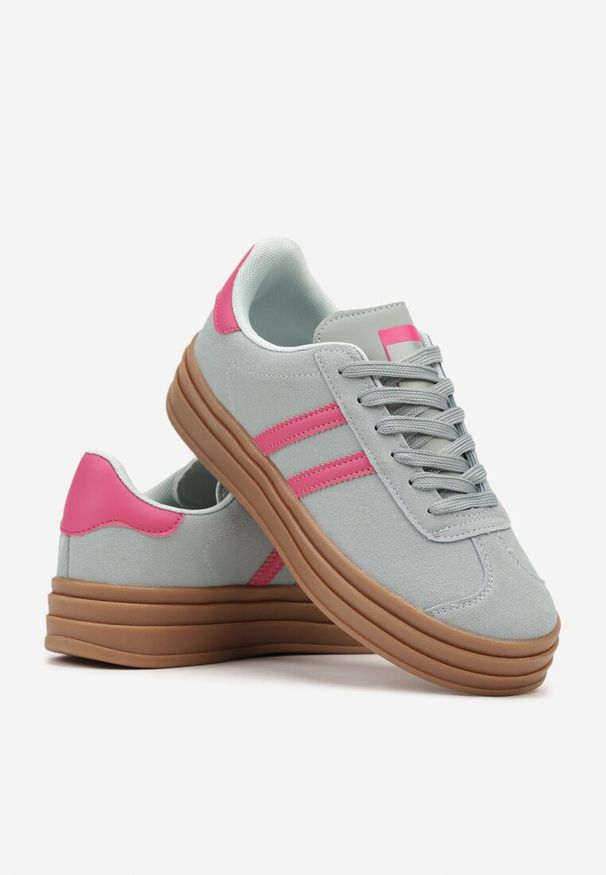 Born2be - Niebiesko-Różowe Sneakersy na Platformie z Minimalistycznymi Przeszyciami Teritha. Nosek buta: okrągły. Zapięcie: sznurówki. Kolor: niebieski. Materiał: nubuk, syntetyk. Obcas: na platformie. Wysokość obcasa: niski
