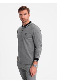 Ombre Clothing - Melanżowy męski longsleeve polo z haftem – czarny melanż V1 OM-POLS-0129 - XXL. Okazja: na co dzień. Typ kołnierza: polo. Kolor: czarny. Materiał: dzianina, bawełna. Długość rękawa: długi rękaw. Długość: długie. Wzór: haft, melanż. Styl: sportowy, casual, klasyczny