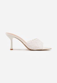 Renee - Białe Koronkowe Klapki na Szpilce Lyvete. Kolor: biały. Materiał: koronka. Wzór: haft, koronka. Obcas: na szpilce. Styl: elegancki #8