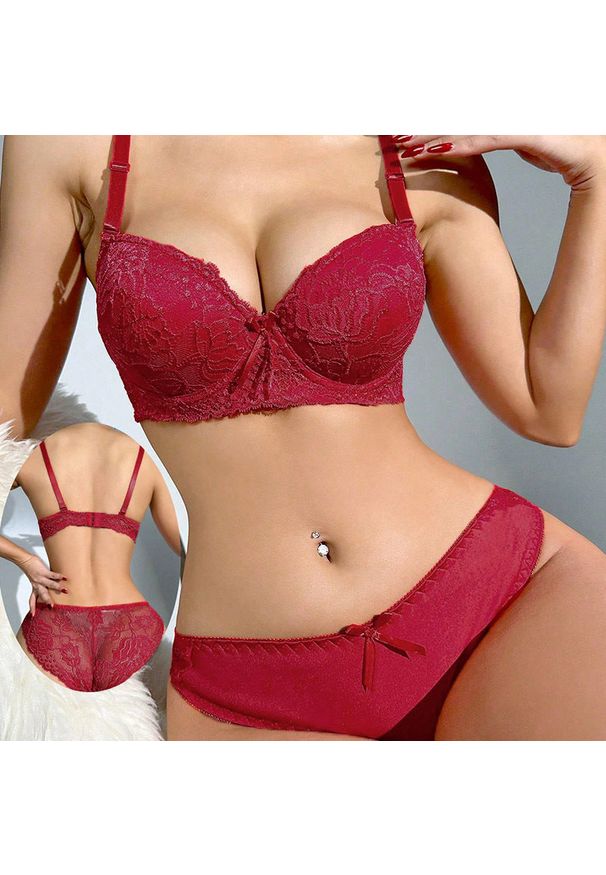 Intica - Komplet bielizny koronkowej push-up z satynowym wykończeniem Moran. Kolor: czerwony. Materiał: koronka, satyna. Wzór: koronka