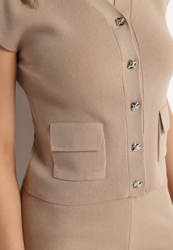 Born2be - Beżowy Komplet Kamizelka na Guziki i Proste Spodnie z Gumką w Pasie Anniola. Kolor: beżowy. Materiał: materiał