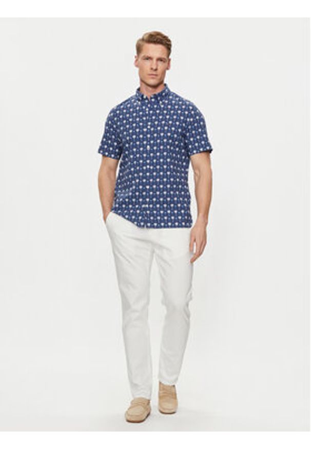 TOMMY HILFIGER - Tommy Hilfiger Koszula Mini Palm Print MW0MW34582 Granatowy Slim Fit. Kolor: niebieski. Materiał: bawełna. Wzór: nadruk