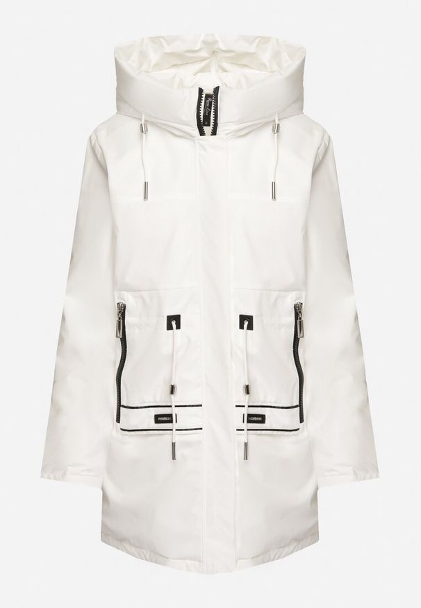 Born2be - Biała Kurtka Parka Zapinana na Napy Ściągana w Pasie Troczkami Arstilla. Okazja: na co dzień. Kolor: biały. Materiał: jeans, dzianina. Styl: elegancki, casual