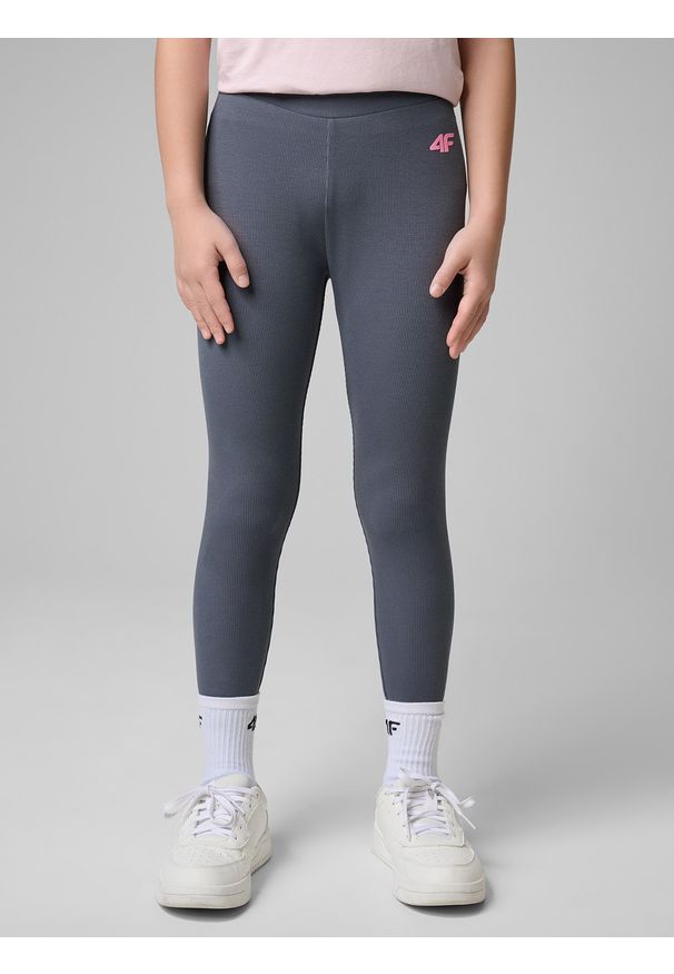 4f - 4F Legginsy prążkowane dziewczęce - czarne 128 (7-8 lat). Okazja: na uczelnię, na co dzień, na spacer. Stan: podwyższony. Kolor: szary. Materiał: prążkowany. Sezon: lato. Styl: casual