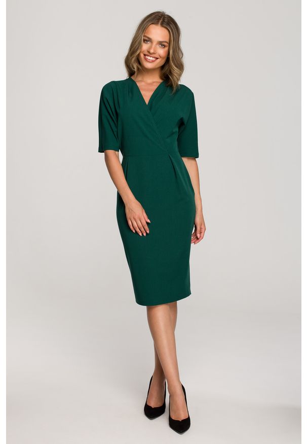 MOE - Elegancka sukienka z Kopertowym Dekoltem - Zielona. Kolor: zielony. Materiał: poliester, elastan. Typ sukienki: kopertowe. Styl: elegancki