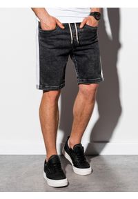 Ombre Clothing - Krótkie spodenki męskie jeansowe W221 - czarne - XXL. Okazja: na co dzień. Kolor: czarny. Materiał: jeans. Długość: krótkie. Wzór: aplikacja, kolorowy. Sezon: lato. Styl: casual, klasyczny