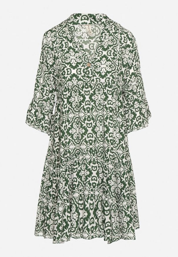 Born2be - Zielona Bawełniana Sukienka Rozkloszowana z Falbanką w Ornamentalny Wzór Laneloren. Kolor: zielony. Materiał: bawełna